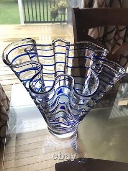 Hand Blown Italian Art Glass Ruffled Handkerchief Vase Spiral Cobalt Blue