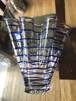 Hand Blown Italian Art Glass Ruffled Handkerchief Vase Spiral Cobalt Blue