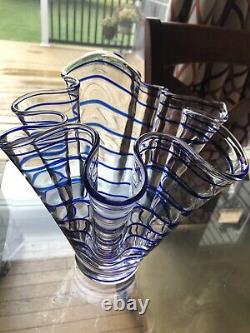 Hand Blown Italian Art Glass Ruffled Handkerchief Vase Spiral Cobalt Blue