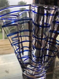 Hand Blown Italian Art Glass Ruffled Handkerchief Vase Spiral Cobalt Blue