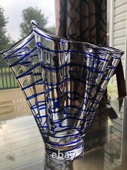 Hand Blown Italian Art Glass Ruffled Handkerchief Vase Spiral Cobalt Blue