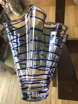 Hand Blown Italian Art Glass Ruffled Handkerchief Vase Spiral Cobalt Blue