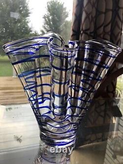 Hand Blown Italian Art Glass Ruffled Handkerchief Vase Spiral Cobalt Blue