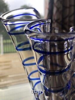 Hand Blown Italian Art Glass Ruffled Handkerchief Vase Spiral Cobalt Blue