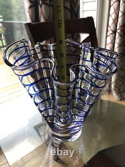 Hand Blown Italian Art Glass Ruffled Handkerchief Vase Spiral Cobalt Blue