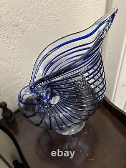 Hand Blown Italy Murano Glass Nautilus Vase Ckear Blue Stripe Line Accents Large