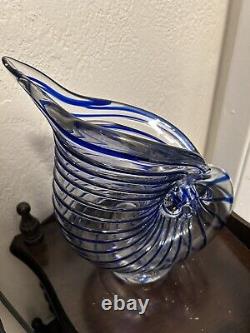 Hand Blown Italy Murano Glass Nautilus Vase Ckear Blue Stripe Line Accents Large