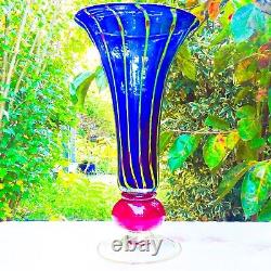 Hand Blown Murano Style Art Glass Vase Blue Yellow Red Stripes 11.5 Mid Century