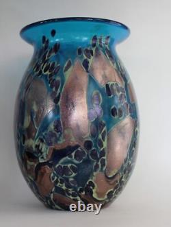 Hand Blown Painted 11 Blue Glass Vase Heavy & Excellent condition