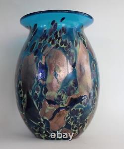 Hand Blown Painted 11 Blue Glass Vase Heavy & Excellent condition