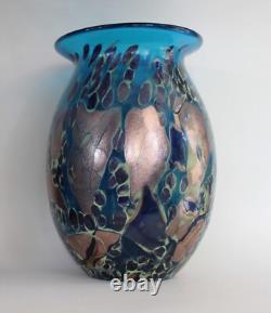 Hand Blown Painted 11 Blue Glass Vase Heavy & Excellent condition