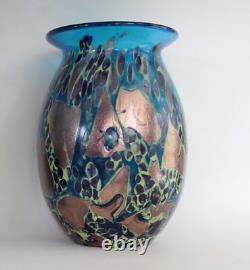 Hand Blown Painted 11 Blue Glass Vase Heavy & Excellent condition