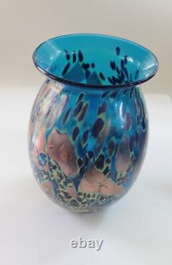 Hand Blown Painted 11 Blue Glass Vase Heavy & Excellent condition