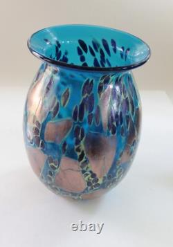Hand Blown Painted 11 Blue Glass Vase Heavy & Excellent condition