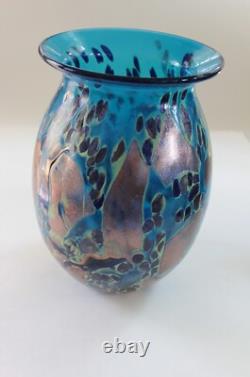 Hand Blown Painted 11 Blue Glass Vase Heavy & Excellent condition