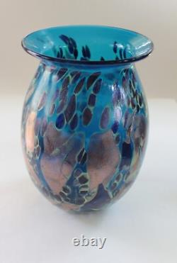 Hand Blown Painted 11 Blue Glass Vase Heavy & Excellent condition