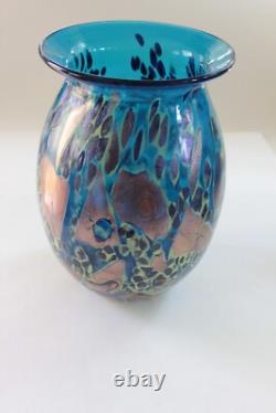 Hand Blown Painted 11 Blue Glass Vase Heavy & Excellent condition