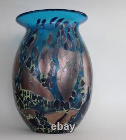 Hand Blown Painted 11 Blue Glass Vase Heavy & Excellent condition