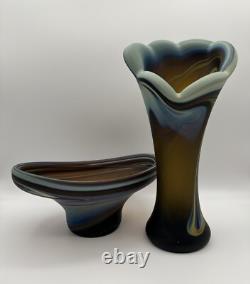 Hand Blown Phoenician Swung Satin Glass Vase & Planter Amber Blue Swirl
