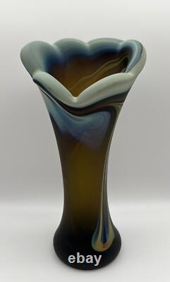 Hand Blown Phoenician Swung Satin Glass Vase & Planter Amber Blue Swirl