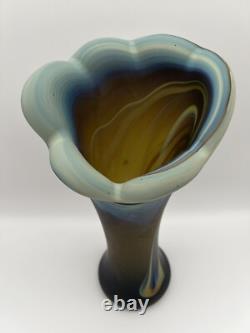 Hand Blown Phoenician Swung Satin Glass Vase & Planter Amber Blue Swirl