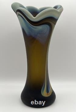 Hand Blown Phoenician Swung Satin Glass Vase & Planter Amber Blue Swirl
