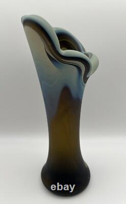 Hand Blown Phoenician Swung Satin Glass Vase & Planter Amber Blue Swirl