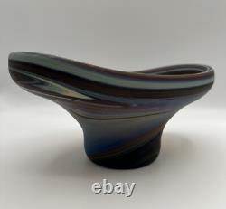 Hand Blown Phoenician Swung Satin Glass Vase & Planter Amber Blue Swirl