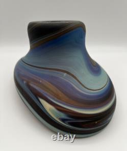 Hand Blown Phoenician Swung Satin Glass Vase & Planter Amber Blue Swirl