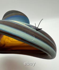 Hand Blown Phoenician Swung Satin Glass Vase & Planter Amber Blue Swirl