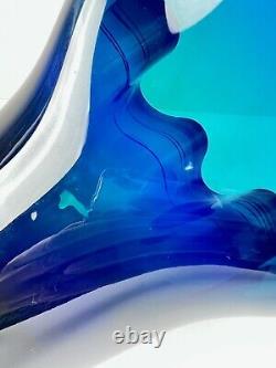 Hand Blown Studio Art Handkerchief Ruffled Glass Vase Signed Dark Blue Threaded