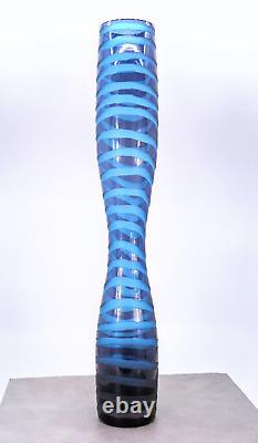 Hand Blown Tall Blue Swirl Art Glass Vase 19.5 Tall MCM Murano Style Vintage