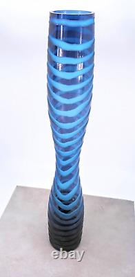 Hand Blown Tall Blue Swirl Art Glass Vase 19.5 Tall MCM Murano Style Vintage