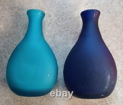 Hand Bown Vase Set Of 2 Maine'cracking off' on bottom Blue Aqua 7.5 Tall