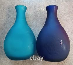 Hand Bown Vase Set Of 2 Maine'cracking off' on bottom Blue Aqua 7.5 Tall