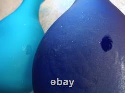 Hand Bown Vase Set Of 2 Maine'cracking off' on bottom Blue Aqua 7.5 Tall