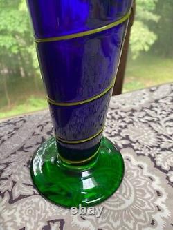 Hand blown Cobalt Blue glass vase with fused yellow swirls & green glass base