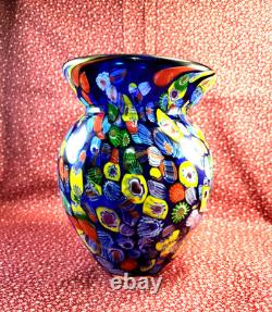 Hand-blown Murano Glass Vase Cobalt Blue Millefiori Thousand Flowers 6.75×5