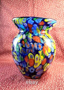 Hand-blown Murano Glass Vase Cobalt Blue Millefiori Thousand Flowers 6.75×5
