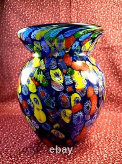 Hand-blown Murano Glass Vase Cobalt Blue Millefiori Thousand Flowers 6.75×5