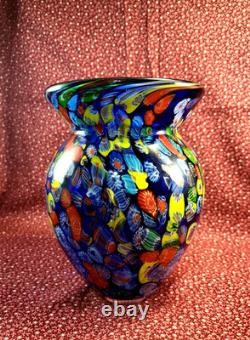 Hand-blown Murano Glass Vase Cobalt Blue Millefiori Thousand Flowers 6.75×5
