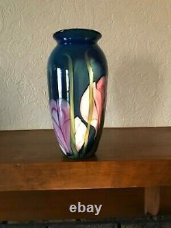 Hand blown art glass vase by Richard Rick Satava blue with pink lilies