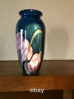 Hand blown art glass vase by Richard Rick Satava blue with pink lilies