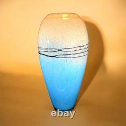 Handblown Art Glass Vase Blue with Black Accent Wrap Around Stringers 14 Tall