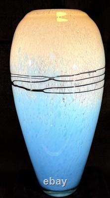 Handblown Art Glass Vase Blue with Black Accent Wrap Around Stringers 14 Tall
