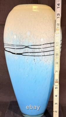 Handblown Art Glass Vase Blue with Black Accent Wrap Around Stringers 14 Tall