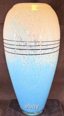 Handblown Art Glass Vase Blue with Black Accent Wrap Around Stringers 14 Tall