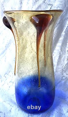 Handblown Art Glass Vase Large Amber & Royal Blue 11.5