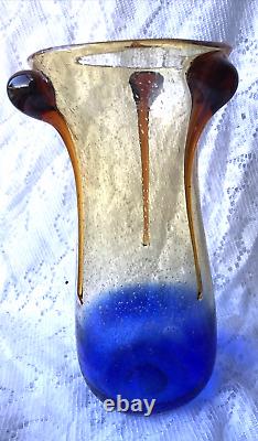 Handblown Art Glass Vase Large Amber & Royal Blue 11.5
