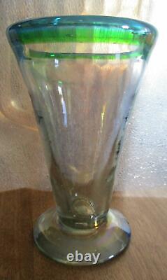 Handblown Iridescent Glass Vase with Blue/Green Rim Art Nouveau 6-1/2 Tall